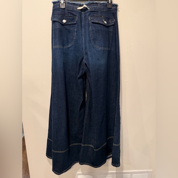 Pilcro Anthropologie Tenney Drawstring Wide Leg Jeans 26 Dark Wash Frayed Waist - Picture 4 of 5